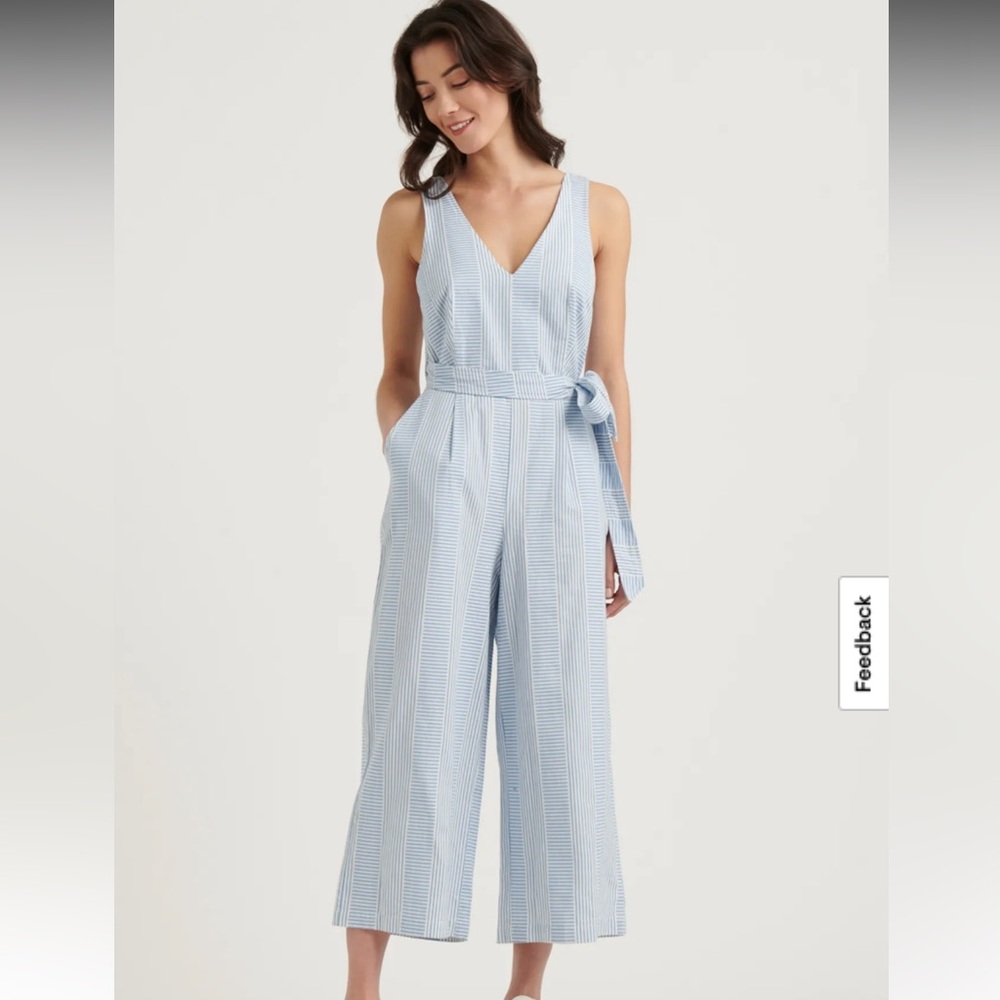 Lucky Brand Cotton V Neck Blake Geo LT Blue & White Striped Jumpsuit Wide Leg